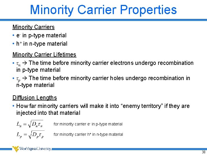 Minority Carrier Properties Minority Carriers • e- in p-type material • h+ in n-type