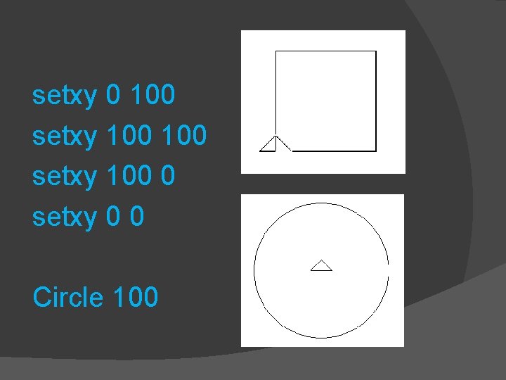 setxy 0 100 setxy 100 0 setxy 0 0 Circle 100 