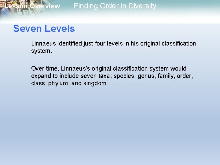 Lesson Overview Finding Order in Diversity Seven Levels Linnaeus identified just four levels in Lesson Overview Finding Order in Diversity Seven Levels Linnaeus identified just four levels in