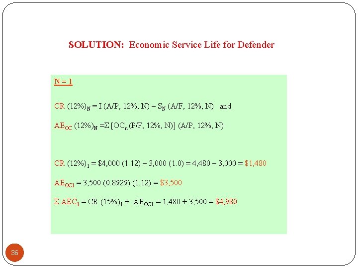 SOLUTION: Economic Service Life for Defender N=1 CR (12%)N = I (A/P, 12%, N)