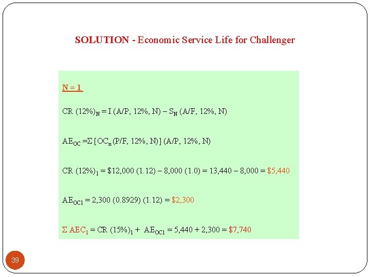 SOLUTION - Economic Service Life for Challenger N=1 CR (12%)N = I (A/P, 12%,
