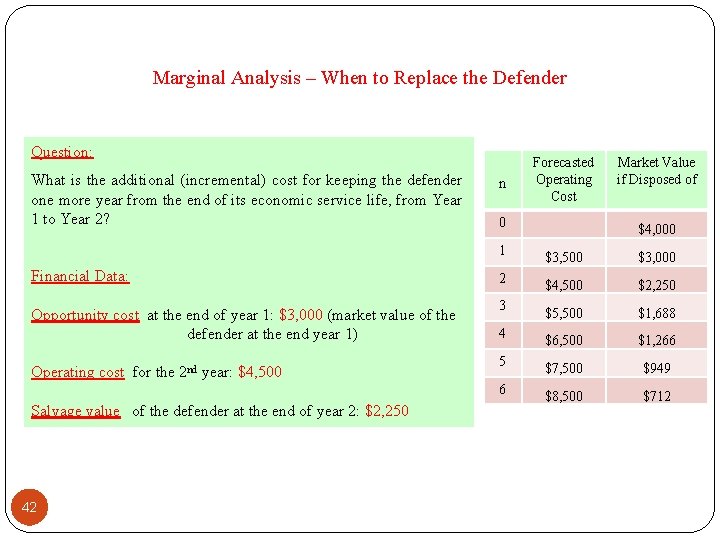 Marginal Analysis – When to Replace the Defender Question: What is the additional (incremental)