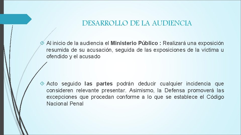 DESARROLLO DE LA AUDIENCIA Al inicio de la audiencia el Ministerio Público : Realizará