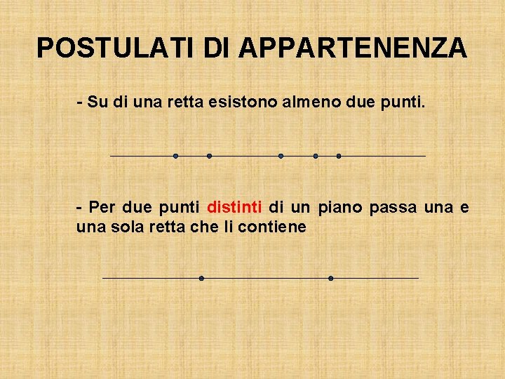POSTULATI DI APPARTENENZA - Su di una retta esistono almeno due punti. - Per