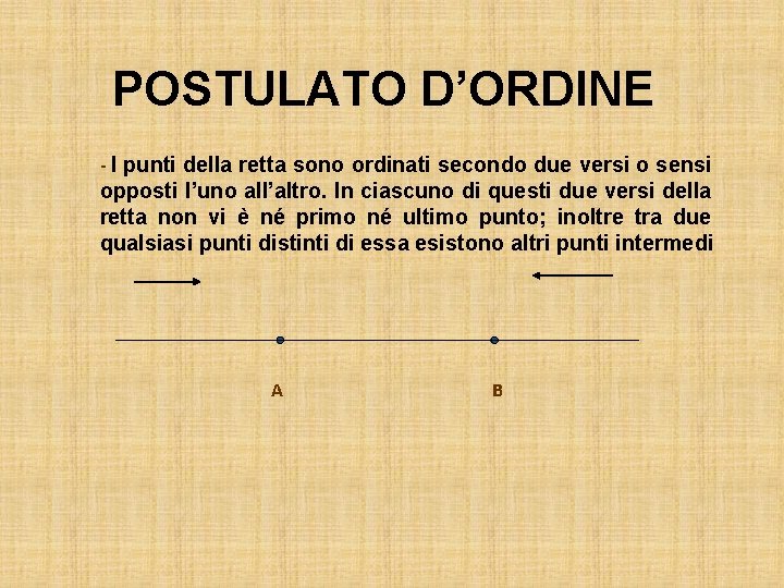 POSTULATO D’ORDINE - I punti della retta sono ordinati secondo due versi o sensi