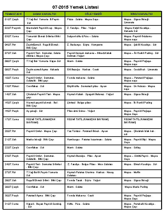 07 -2015 Yemek Listesi TEMMUZ 2015 SABAH KAHVALTISI ÖĞLE YEMEĞİ İKİNDİ KAHVALTISI 01. 07.
