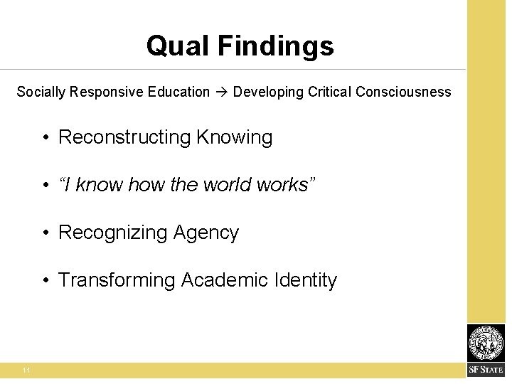 Qual Findings Socially Responsive Education Developing Critical Consciousness • Reconstructing Knowing • “I know