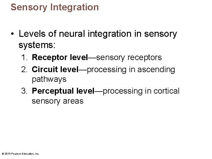 Sensory Integration • Levels of neural integration in sensory systems: 1. Receptor level—sensory receptors Sensory Integration • Levels of neural integration in sensory systems: 1. Receptor level—sensory receptors