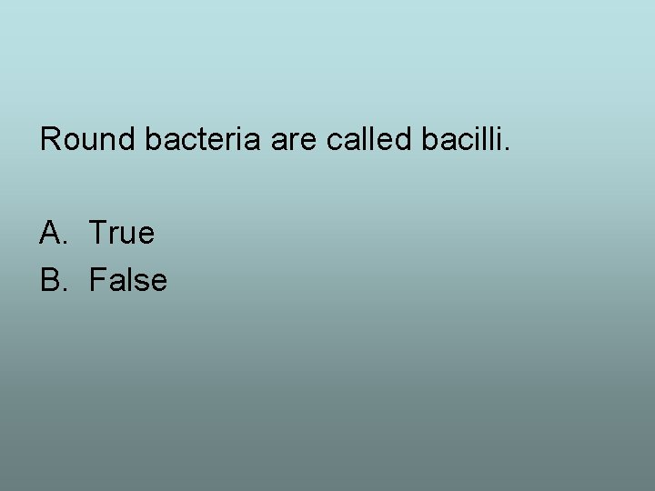 Round bacteria are called bacilli. A. True B. False 