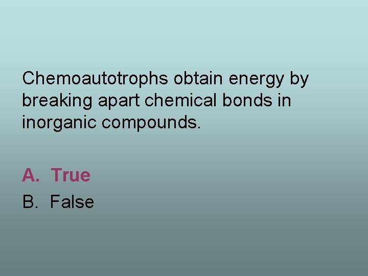 Chemoautotrophs obtain energy by breaking apart chemical bonds in inorganic compounds. A. True B.