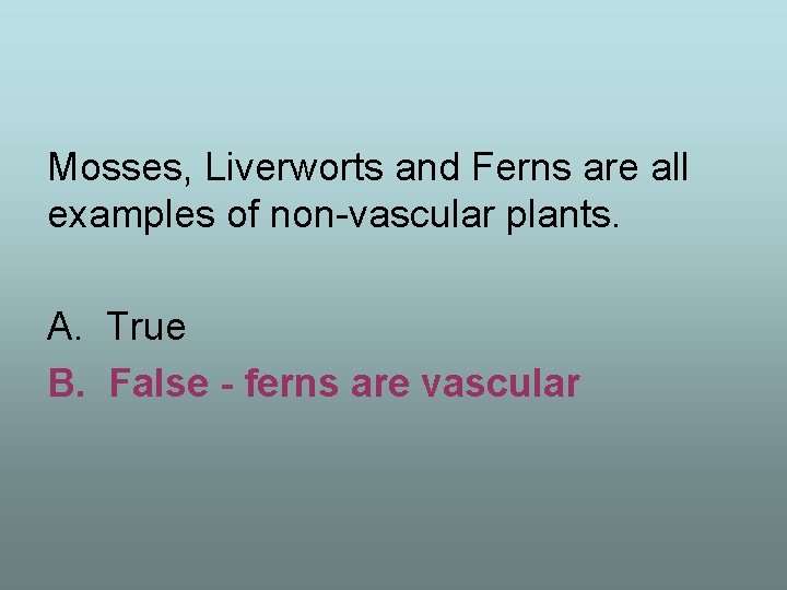 Mosses, Liverworts and Ferns are all examples of non-vascular plants. A. True B. False