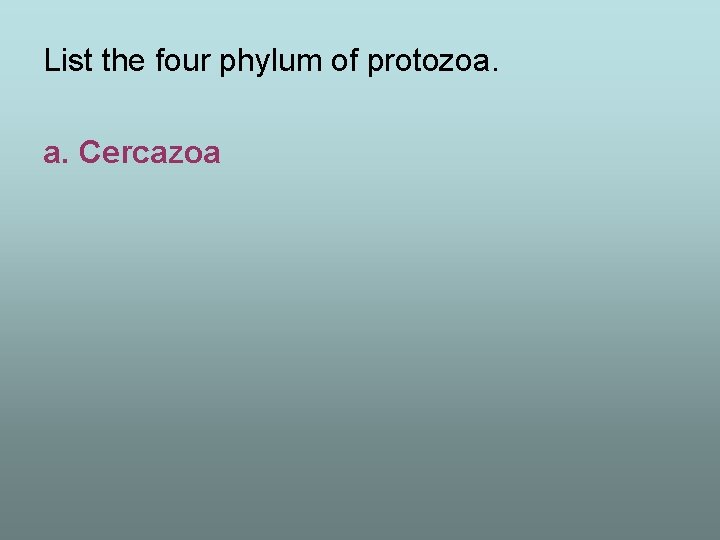 List the four phylum of protozoa. a. Cercazoa 