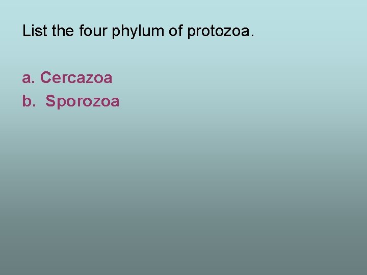 List the four phylum of protozoa. a. Cercazoa b. Sporozoa 