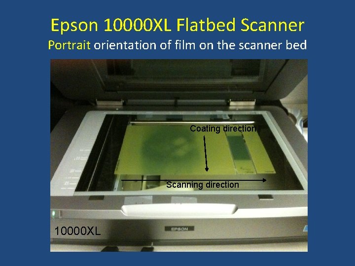 Epson 10000 XL Flatbed Scanner Portrait orientation of film on the scanner bed Coating