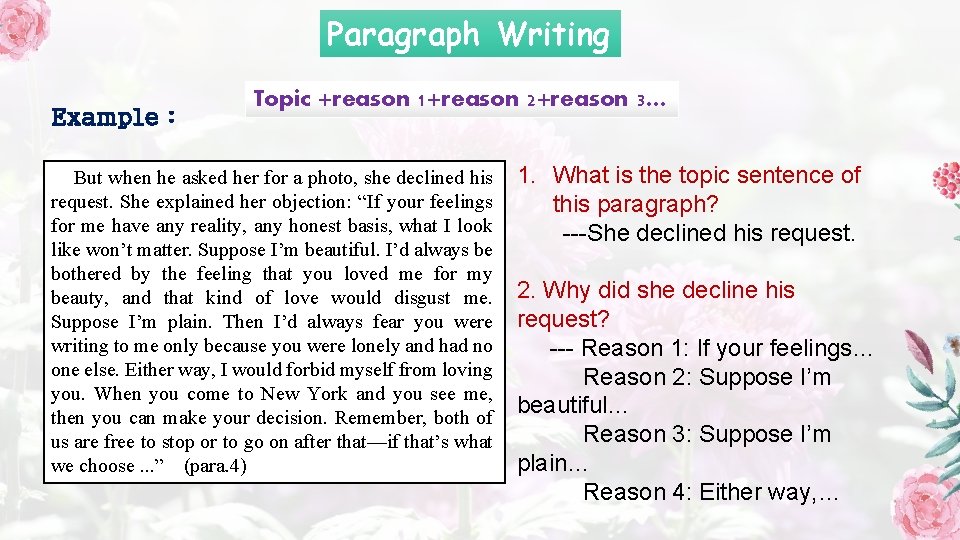 Paragraph Writing Example : Topic +reason 1+reason 2+reason 3… But when he asked her