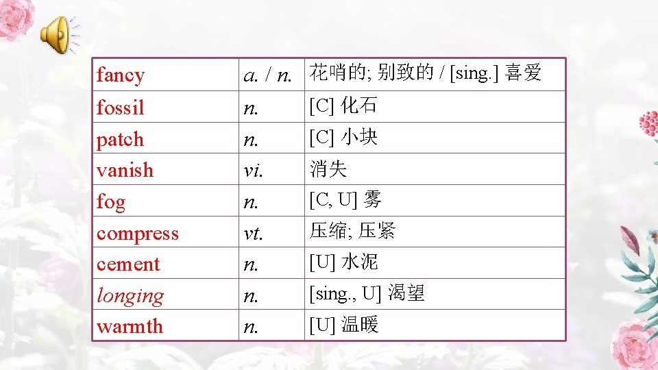 fancy a. / n. 花哨的; 别致的 / [sing. ] 喜爱 fossil patch vanish fog