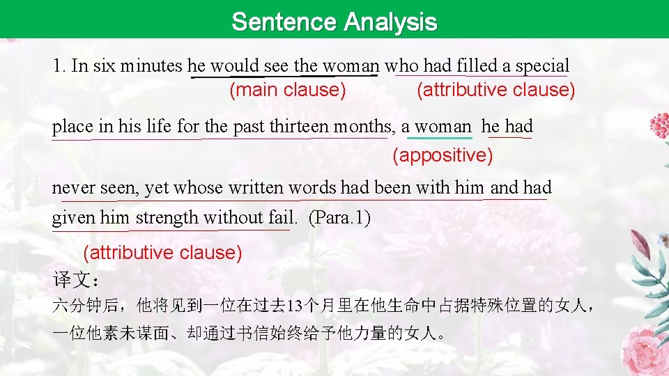 Sentence Analysis 1. In six minutes he would see the woman who had filled