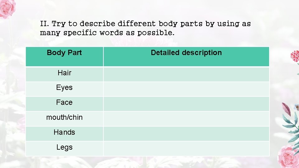 II. Try to describe different body parts by using as many specific words as
