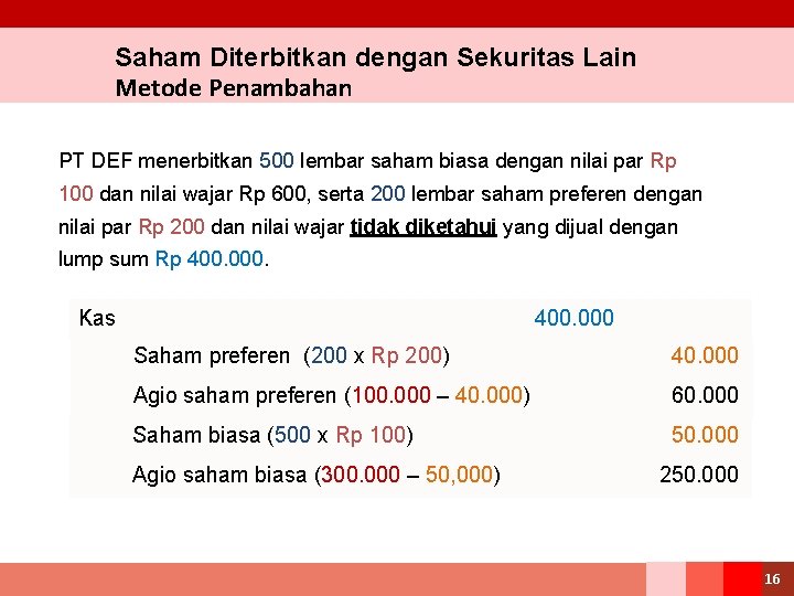 Saham Diterbitkan dengan Sekuritas Lain Metode Penambahan PT DEF menerbitkan 500 lembar saham biasa