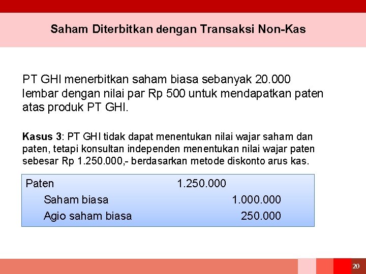 Saham Diterbitkan dengan Transaksi Non-Kas PT GHI menerbitkan saham biasa sebanyak 20. 000 lembar