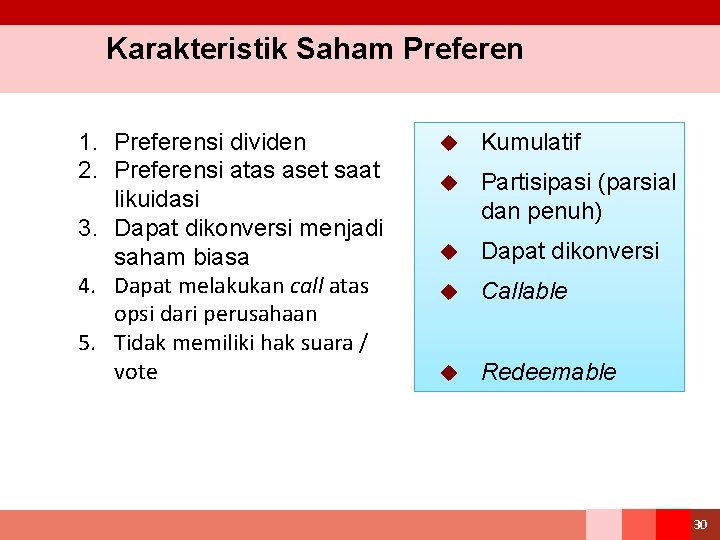 Karakteristik Saham Preferen 1. Preferensi dividen 2. Preferensi atas aset saat likuidasi 3. Dapat