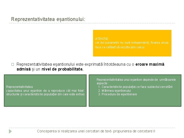 Reprezentativitatea eșantionului: ATENȚIE: cei doi parametrii nu sunt independenți, fixarea unuia face ca celălalt