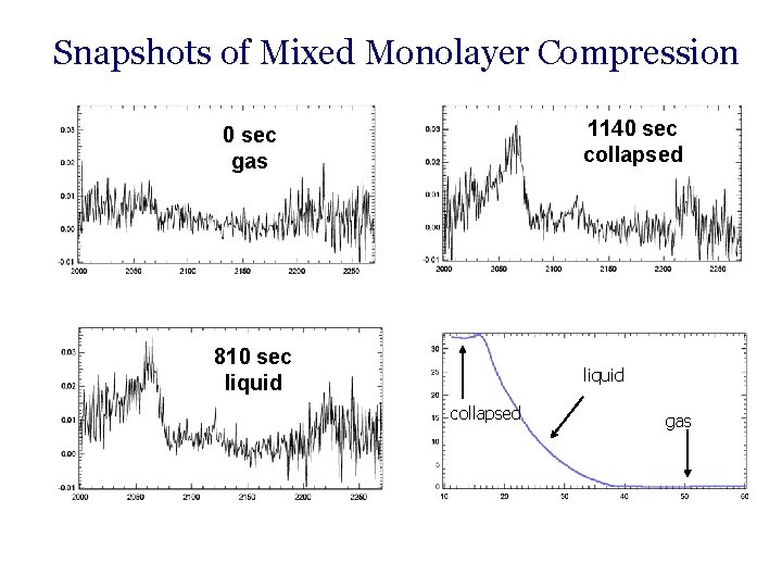 Snapshots of Mixed Monolayer Compression 1140 sec collapsed 0 sec gas 810 sec liquid