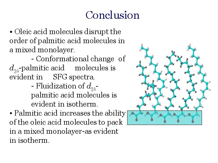 Conclusion • Oleic acid molecules disrupt the order of palmitic acid molecules in a