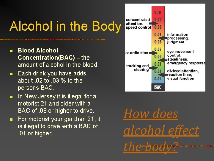 Alcohol in the Body n n Blood Alcohol Concentration(BAC) – the amount of alcohol