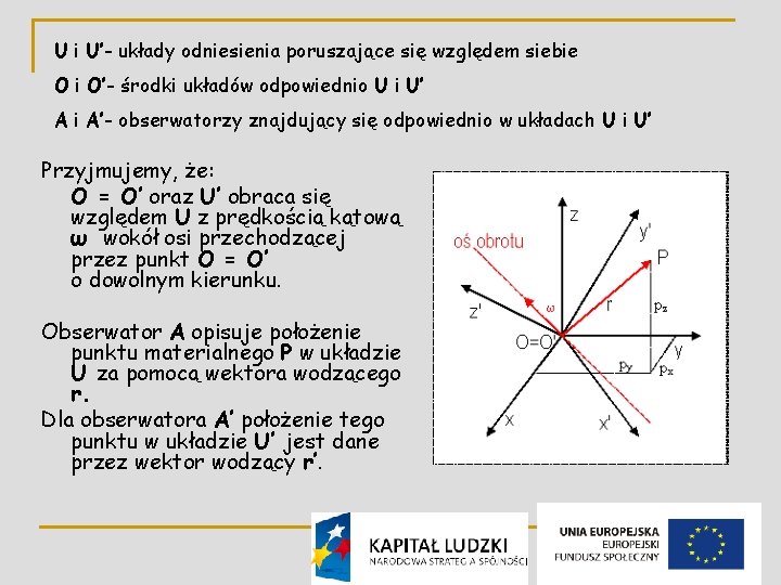 U i U’- układy odniesienia poruszające się względem siebie O i O’- środki układów