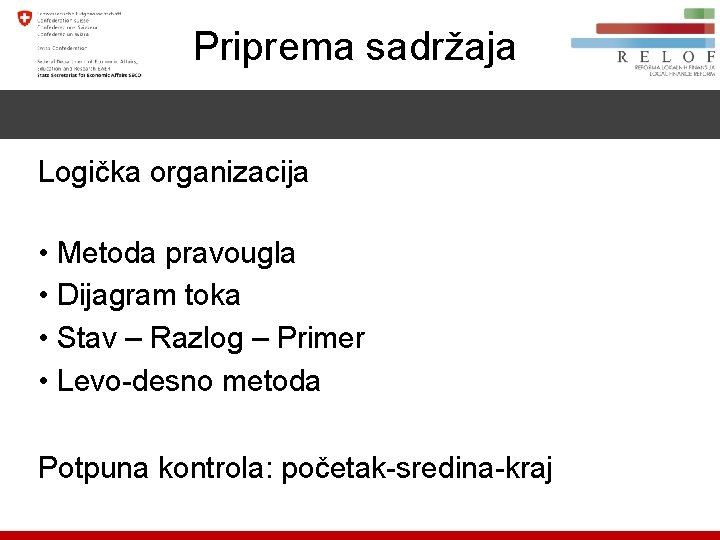 Priprema sadržaja Logička organizacija • Metoda pravougla • Dijagram toka • Stav – Razlog