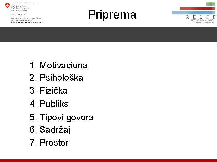 Priprema 1. Motivaciona 2. Psihološka 3. Fizička 4. Publika 5. Tipovi govora 6. Sadržaj