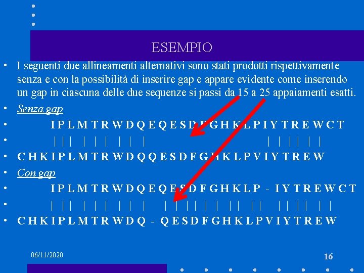 ESEMPIO • I seguenti due allineamenti alternativi sono stati prodotti rispettivamente senza e con