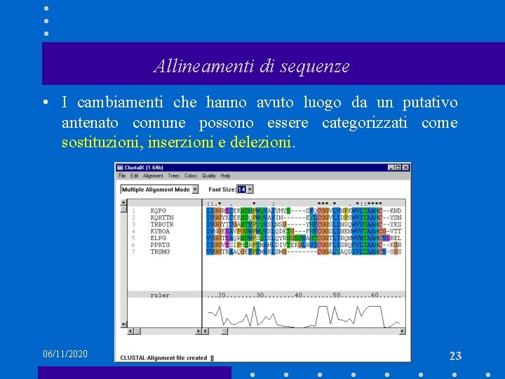 Allineamenti di sequenze • I cambiamenti che hanno avuto luogo da un putativo antenato