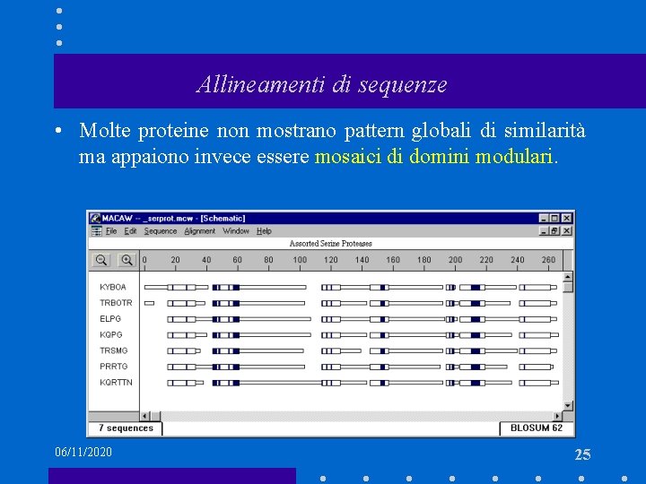 Allineamenti di sequenze • Molte proteine non mostrano pattern globali di similarità ma appaiono