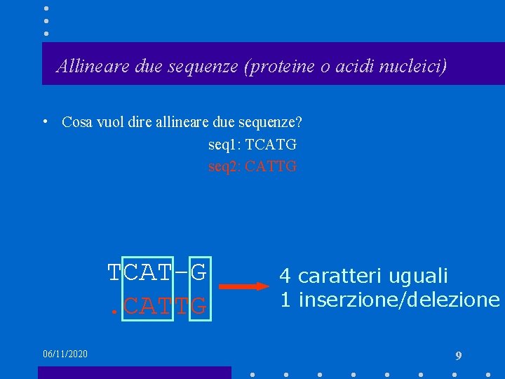 Allineare due sequenze (proteine o acidi nucleici) • Cosa vuol dire allineare due sequenze?