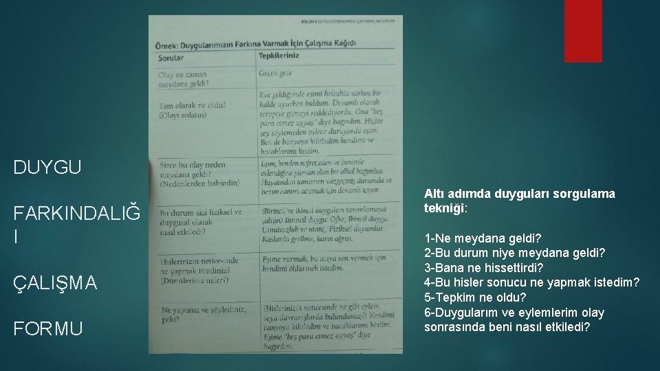 DUYGU FARKINDALIĞ I ÇALIŞMA FORMU Altı adımda duyguları sorgulama tekniği: 1 -Ne meydana geldi?