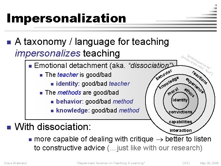 Impersonalization n A taxonomy / language for teaching impersonalizes teaching n Emotional detachment (aka.