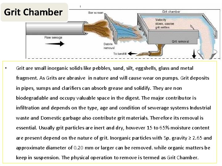 Grit Chamber • l Grit are small inorganic solids like pebbles, sand, silt, eggshells,