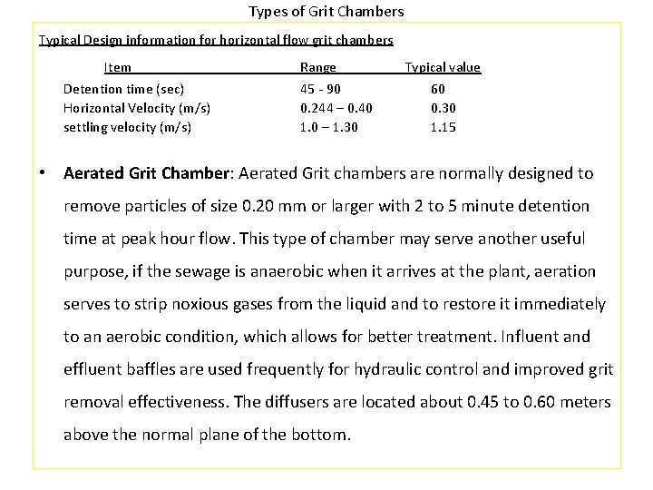 Types of Grit Chambers Typical Design information for horizontal flow grit chambers Item Detention