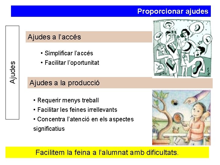 Proporcionar ajudes Ajudes a l’accés Ajudes • Simplificar l’accés • Facilitar l’oportunitat Ajudes a