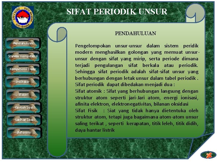 SIFAT PERIODIK UNSUR PENDAHULUAN Pendahuluan Standar Kompetensi Dasar Indikator Materi Contoh Soal Latihan Soal