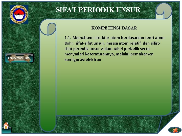 SIFAT PERIODIK UNSUR KOMPETENSI DASAR Kompetensi Dasar 1. 1. Memahami struktur atom berdasarkan teori