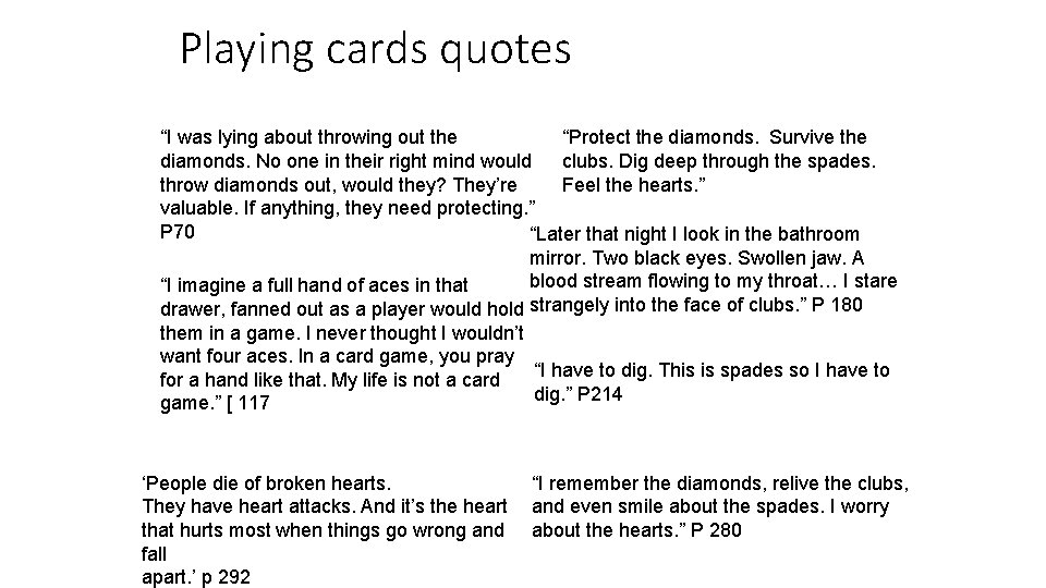Playing cards quotes “I was lying about throwing out the “Protect the diamonds. Survive