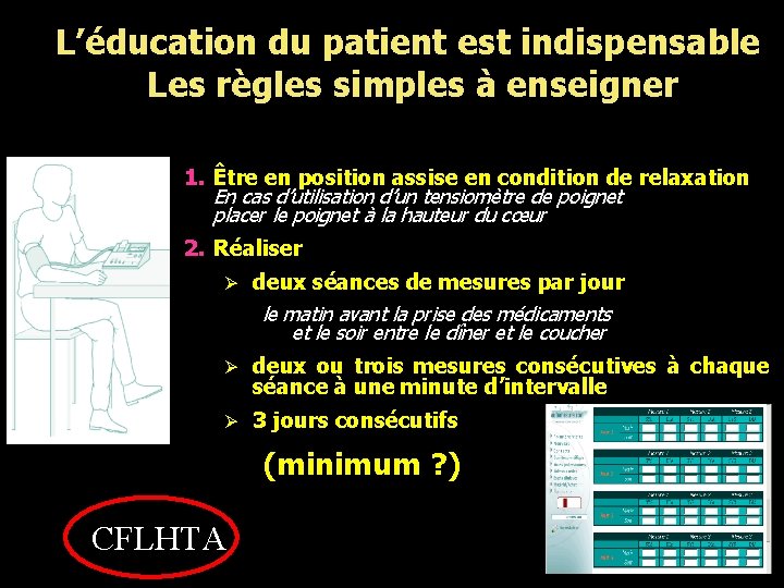 L’éducation du patient est indispensable Les règles simples à enseigner • 1. Être en