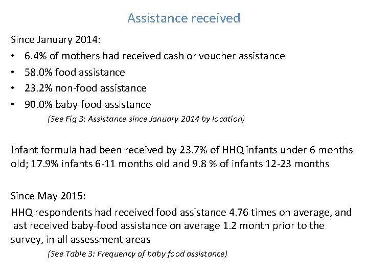 Assistance received Since January 2014: • 6. 4% of mothers had received cash or