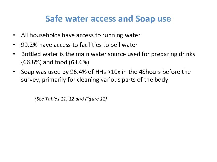 Safe water access and Soap use • All households have access to running water