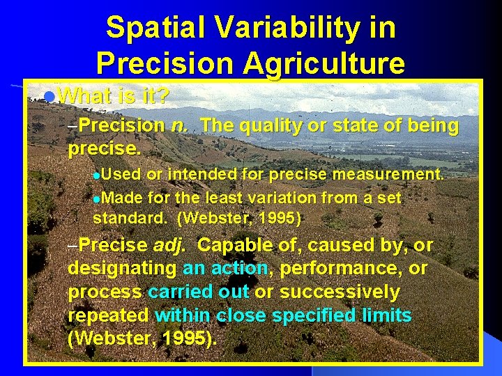 Spatial Variability in Precision Agriculture l. What is it? –Precision n. The quality or