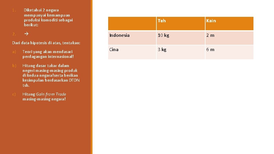 1. 2. Diketahui 2 negara mempunyai kemampuan produksi komoditi sebagai berikut: Teh Kain Indonesia