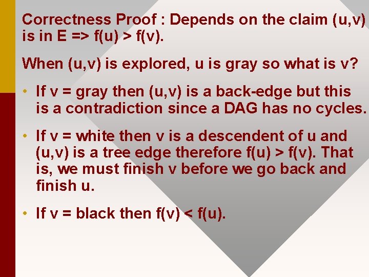 Correctness Proof : Depends on the claim (u, v) is in E => f(u)